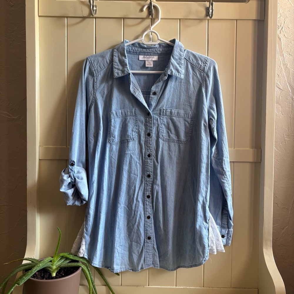 Maternity Lightweight Denim Button Down Top with Lace Details